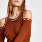 River Island Womens Rust Cold Shoulder Embellished Fitted Top
