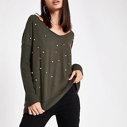 River Island Womens Hacci Pearl Embellished V Neck Jumper