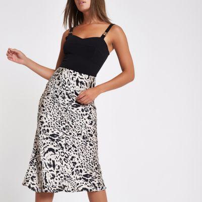 River Island Womens Leopard Print Satin Midi Skirt