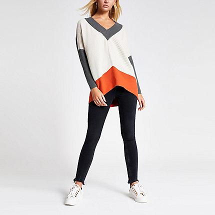 River Island Womens Colour Blocked V Neck Knitted Jumper