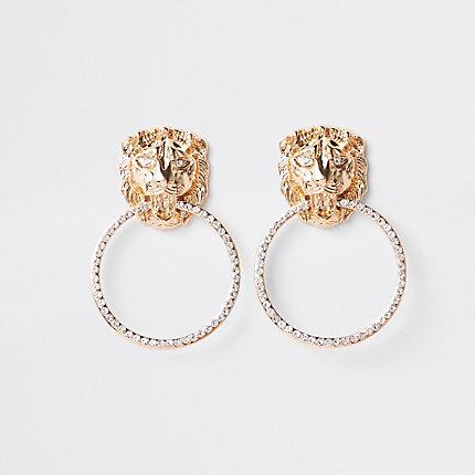 River Island Womens Gold Tone Lion Door Knocker Drop Earrings