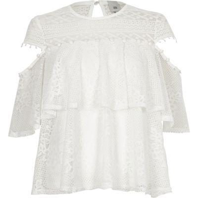 River Island Womens White Lace Frill Button Detail Top
