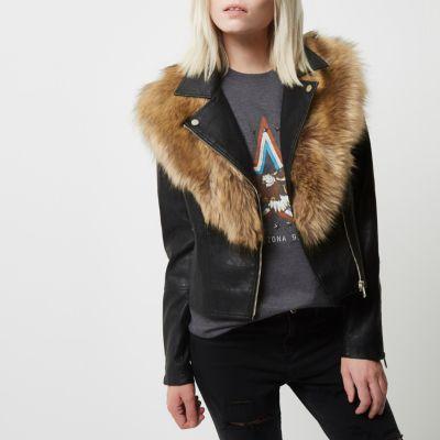 River Island Womens Petite Faux Fur Trim Biker Jacket