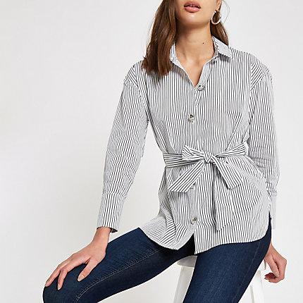 River Island Womens White Stripe Tie Waist Shirt