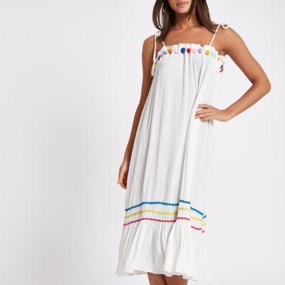 River Island Womens White Pom Pom Trim Midi Beach Dress