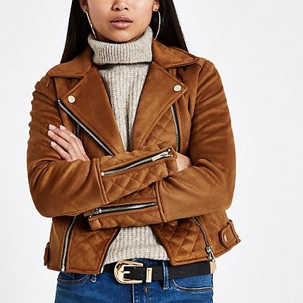 River Island Womens Petite Suedette Quilted Biker Jacket