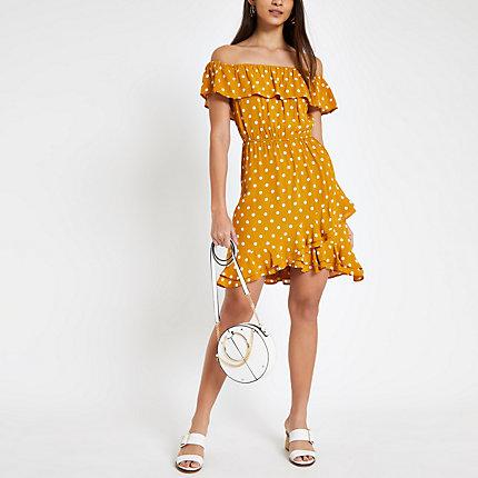 River Island Womens Polka Dot Bardot Frill Hem Dress