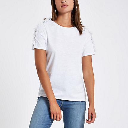 River Island Womens White Rhinestone Frill Shoulder T-shirt