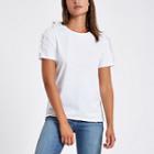 River Island Womens White Rhinestone Frill Shoulder T-shirt