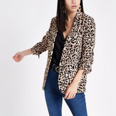 River Island Womens Leopard Print Ruched Sleeve Blazer