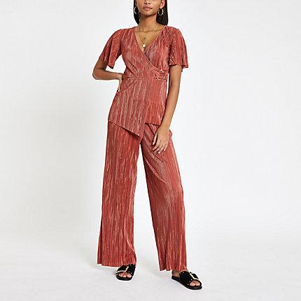 River Island Womens Rust Plisse Wide Leg Trousers