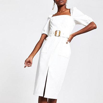 River Island Womens White Belted Bardot Puff Sleeve Dress
