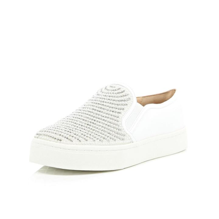 River Island Womens White Embellished Plimsolls