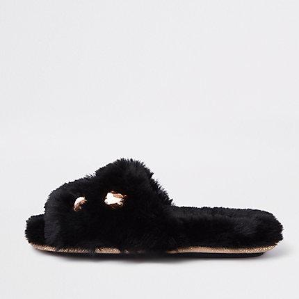 River Island Womens Faux Fur Jewel Embellished Mules