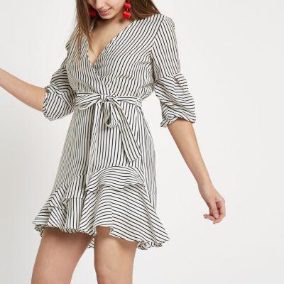 River Island Womens White Stripe Frill Hem Tie Waist Dress