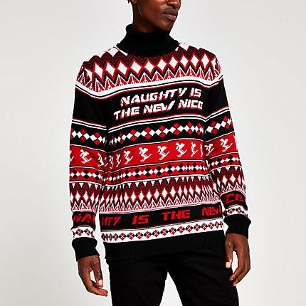 River Island Mens Roll Neck Printed Christmas Jumper