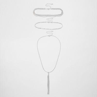River Island Womens Silver Tone Diamante Tassel Layer Choker Set