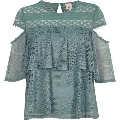 River Island Womens Lace Frill Button Detail Top