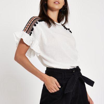 River Island Womens White Pom Pom Frill Sleeve Top