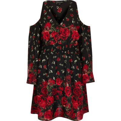 River Island Womens Floral Cold Shoulder Bell Sleeve Dress