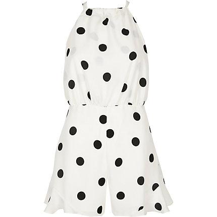 River Island Womens Petite White Spot Halter Tie Neck Playsuit
