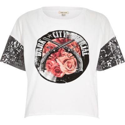 River Island Womens White Print Sequin Band T-shirt