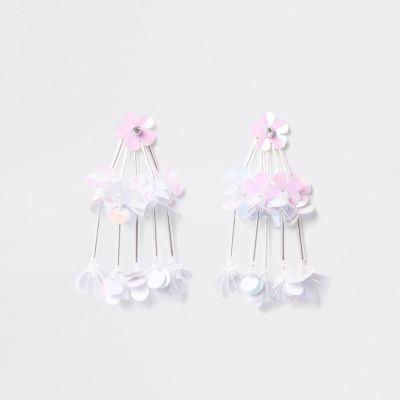 River Island Womens White Tiered Sequin Flower Drop Stud Earrings