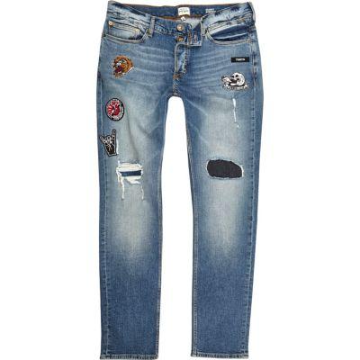 River Island Mens Wash Ripped Badge Sid Skinny Jeans