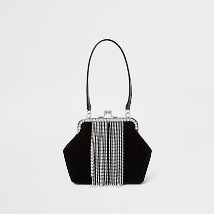River Island Womens Velvet Diamante Tassel Cliptop Bag