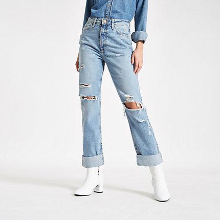 River Island Womens Ripped Turn-up Hem Mom Jeans