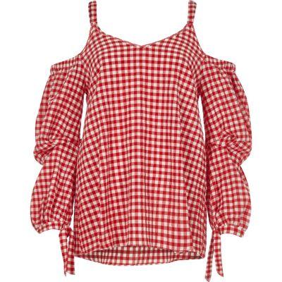 River Island Womens Gingham Print Cold Shoulder Puff Sleeve T