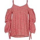 River Island Womens Gingham Print Cold Shoulder Puff Sleeve T