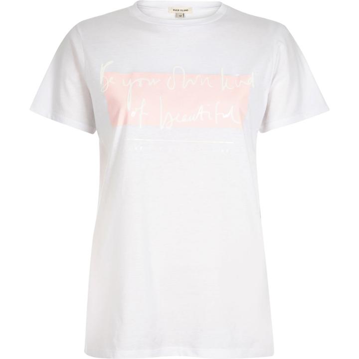 River Island Womens White Beautiful Slogan Print Fitted T-shirt