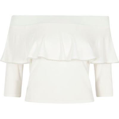 River Island Womens Faux Pearl Trim Frill Bardot Crop Top