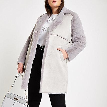River Island Womens Plus Suede Faux Fur Trim Longline Coat