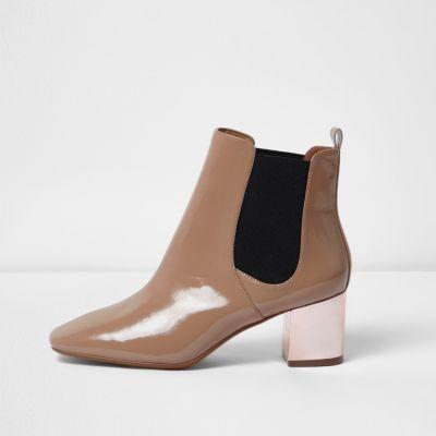 River Island Womens Nude Patent Metallic Heel Chelsea Boots