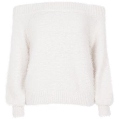 River Island Womens White Bardot Fluffy Knit Jumper