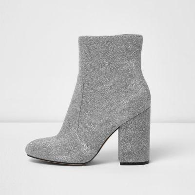 River Island Womens Silver Glitter Block Heel Sock Boots