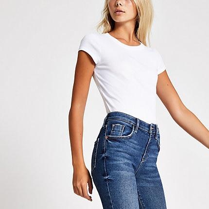 River Island Womens White Crew Neck Ribbed T-shirt