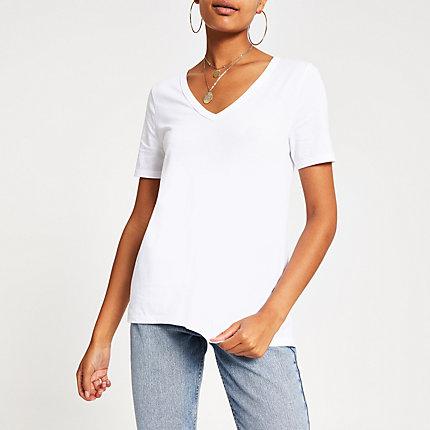 River Island Womens White V Neck Short Sleeve T-shirt