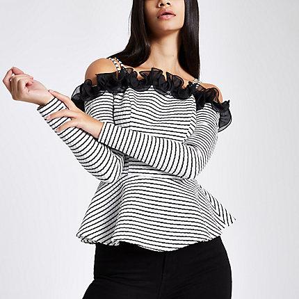 River Island Womens White Stripe Long Sleeve Peplum Bardot Top