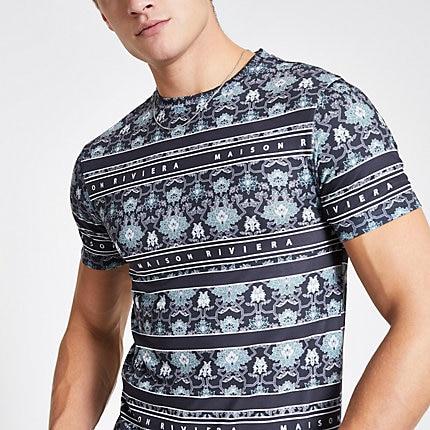 River Island Mens Maison Riviera Border Muscle Fit T-shirt