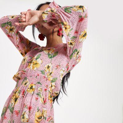 River Island Womens Floral Shirred Waist Long Sleeve Top