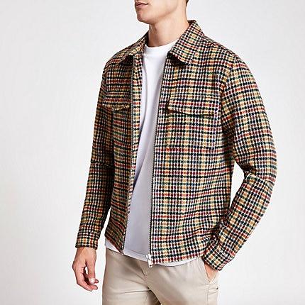 River Island Mens Dogtooth Zip Through Long Sleeve Shirt