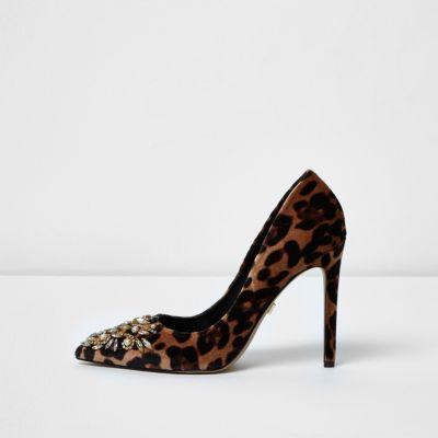 River Island Womens Leopard Print Embellished Pumps