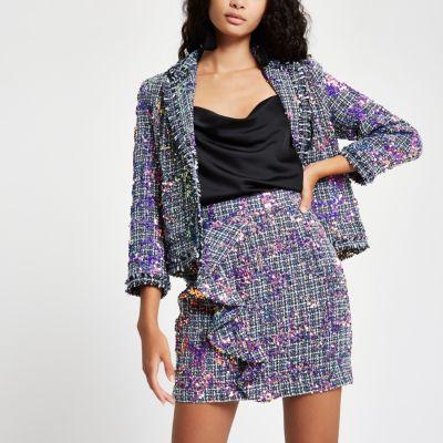 River Island Womens Sequin Boucle Ruffle Mini Skirt
