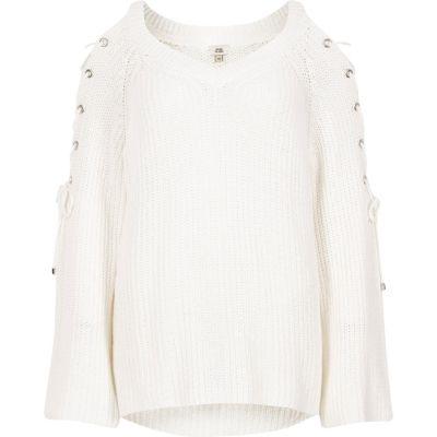 River Island Womens White Tie Shoulder Flared Sleeve Knit Jumper