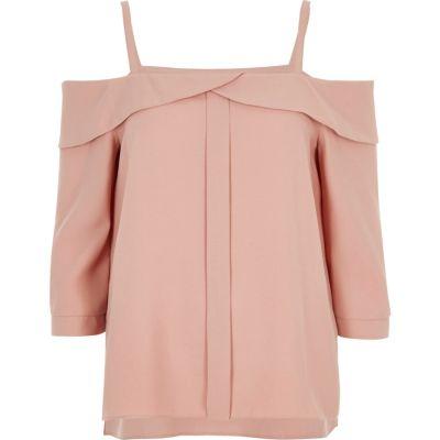 River Island Womens Blush Foldover Cold Shoulder Top