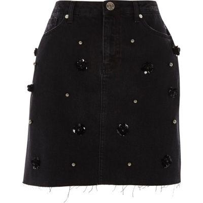River Island Womens Flower Sequin Embellished Denim Skirt