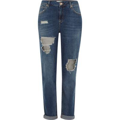 River Island Womens Ripped Fishnet Ashley Boyfriend Jean